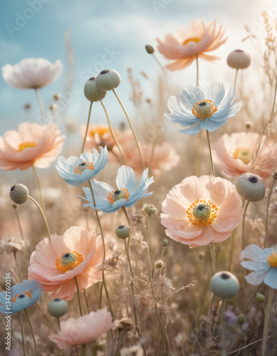 Dreamy floral composition with delicate pastel-colored flowers, including anemones, ranunculus, and wildflowers. Soft sunlight filtering through. A romantic, airy atmosphere.