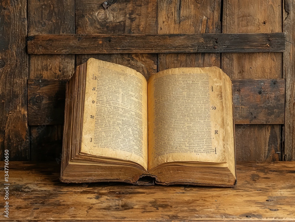 Obraz premium Ancient book open, aged pages, wooden background