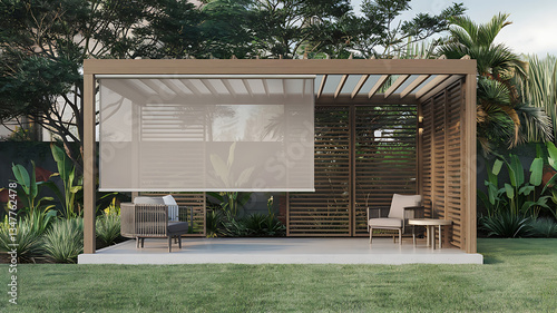 Outdoor pergola with retractable shade patio furniture and lush tropical landscaping