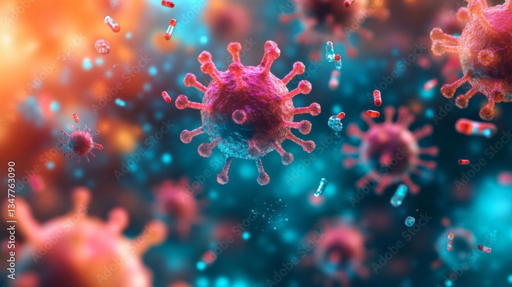 Microscopic View Of Viruses And Medication Capsules Microscopic View Of Viruses And Medication Capsules