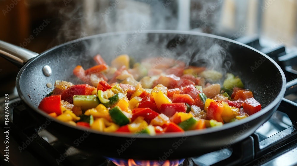 A sizzling symphony of vibrant vegetables sauteing in a pan, culinary delight A sizzling symphony of vibrant vegetables sauteing in a pan, culinary delight