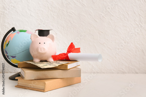 Piggy bank with money, dipl...