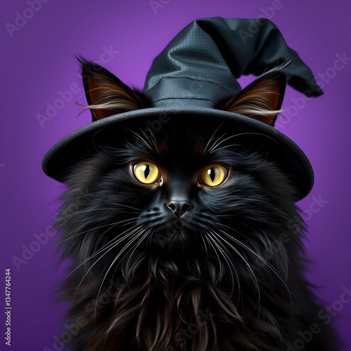 Black fluffy cat wearing a witch hat 