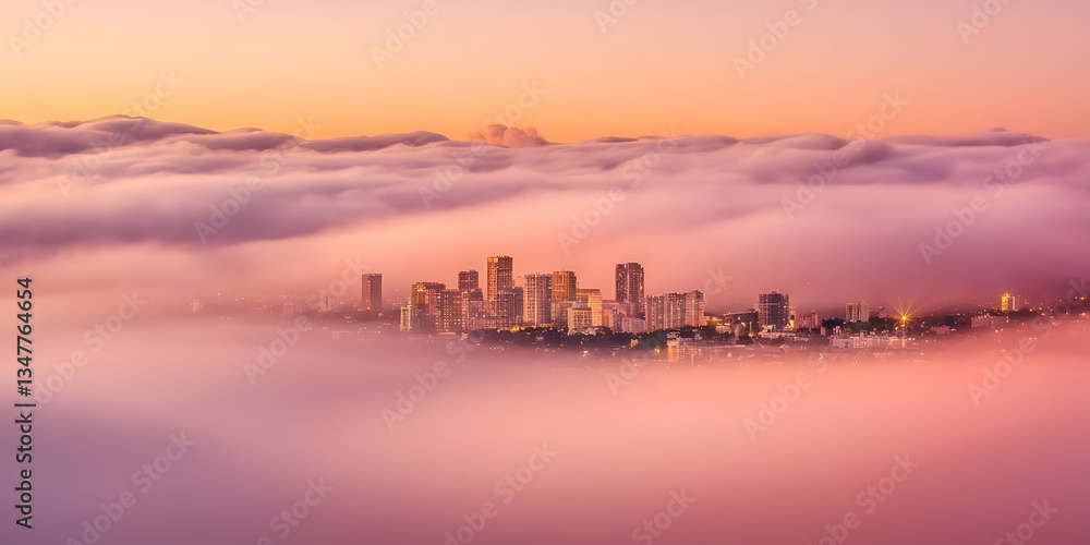 Obraz premium Sunrise city skyline veiled in a soft pink mist