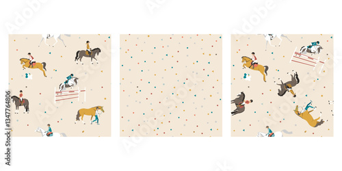 A set of equestrian themed seamless pattern with horse riders, show jumping, and dressage elements