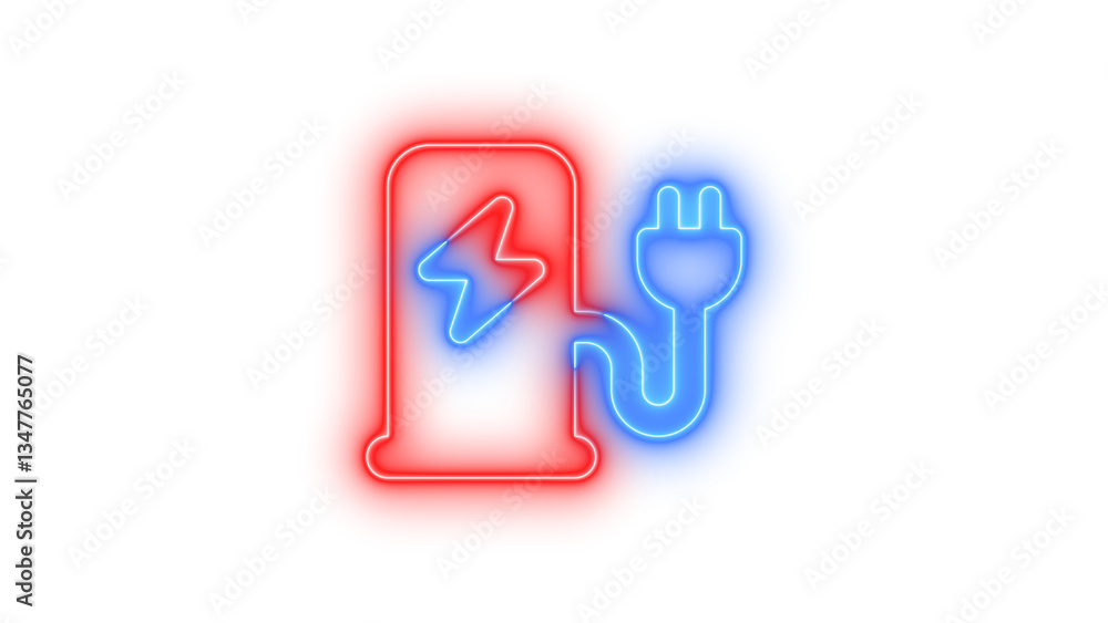 Neon charging station symbol icon blue red color glowing with transparent background Neon charging station symbol icon blue red color glowing with transparent background