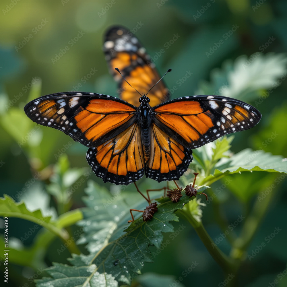 Fototapeta premium vibrant butterfly perched green leaves, showcasing its striking orange and black wings