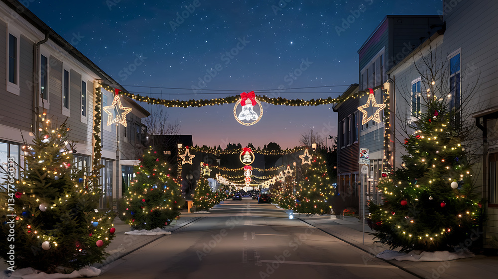 Naklejka premium Charming Christmas-lit town street at night