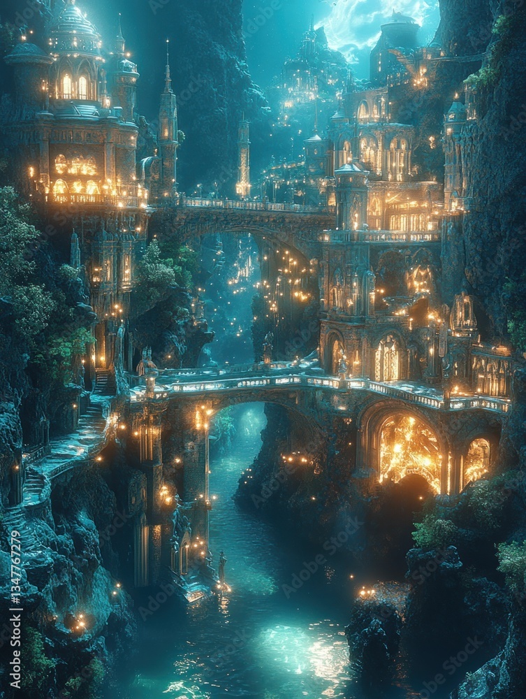 Enchanting illuminated city nestled in a mystical gorge Enchanting illuminated city nestled in a mystical gorge
