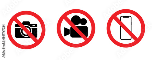 Prohibited symbol sign set , no photography, no video, do not use the phone, prohibit icon logo collection. Vector illustration image. Isolated on white background.