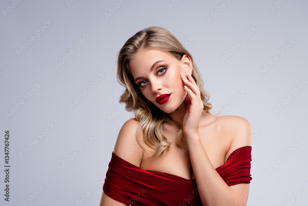 Obraz premium Lovely pretty girl feel tempting tender touch her face with fingers wear red glamour dress