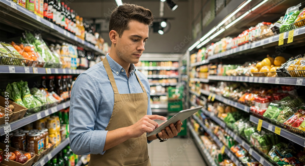 Fototapeta premium Young man in apron uses tablet in supermarket aisle, surrounded by shelves stocked with groceries, showcasing modern retail technology and inventory management