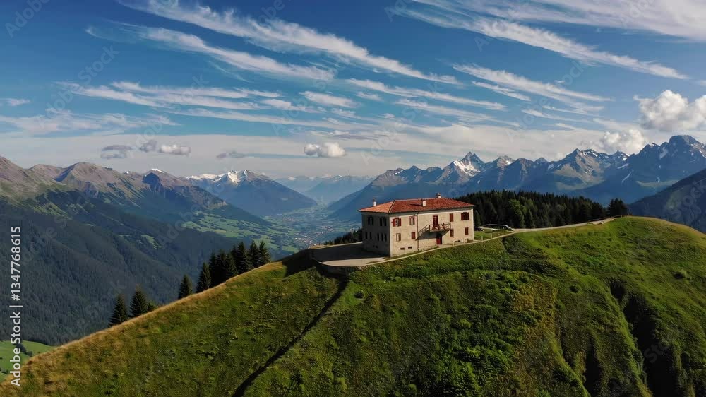 Scenic mountain landscape with a charming house in a tranquil setting Scenic mountain landscape with a charming house in a tranquil setting