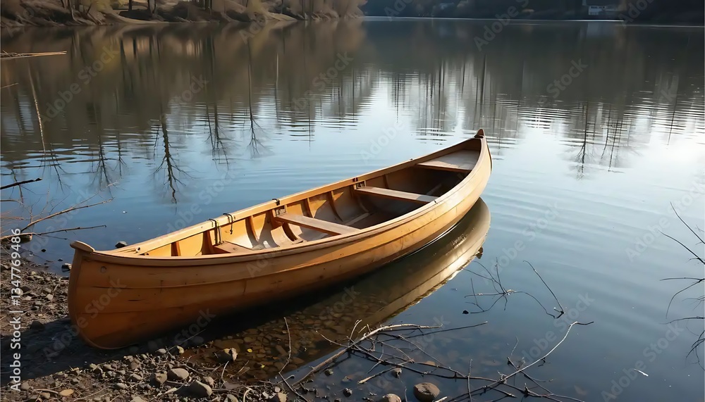 Canoe Resting on Lake Shore with Tree Reflections and Clear Water Canoe Resting on Lake Shore with Tree Reflections and Clear Water