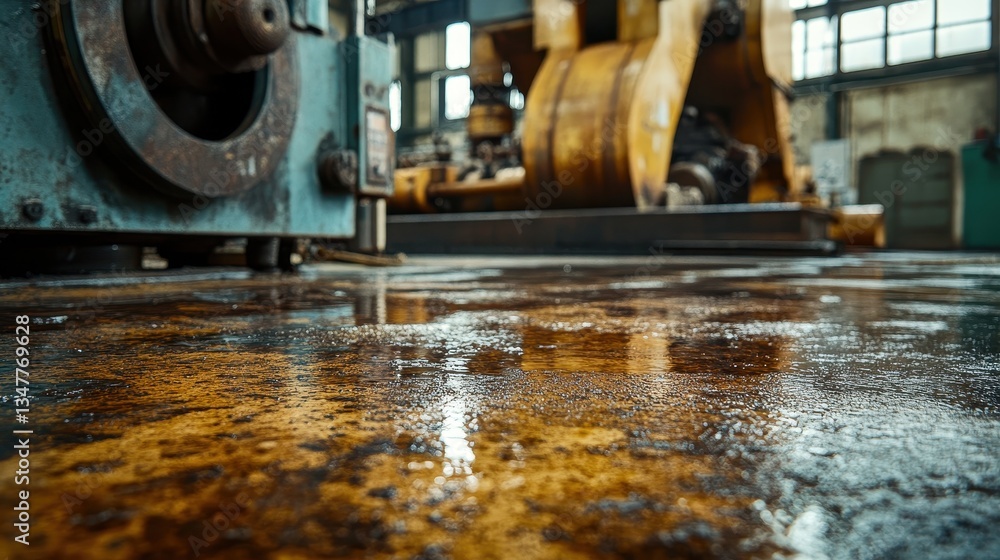 Industrial machinery and wet floor reflect the light in an old factory. Use it to show industry, or dangers of a workplace. Industrial machinery and wet floor reflect the light in an old factory. Use it to show industry, or dangers of a workplace.