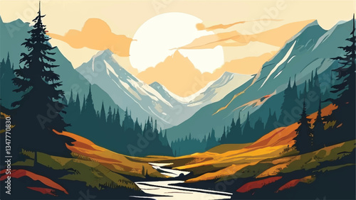 Mountain landscape with beautiful sunset view. Nature landscape. Vector illustration.