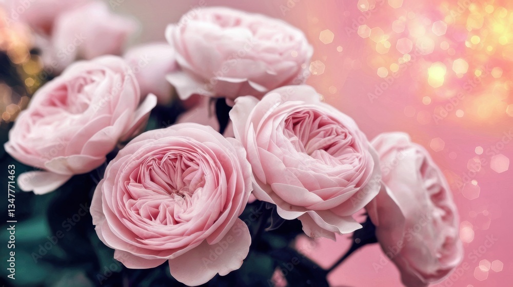 Fototapeta premium Dreamy Pink Roses – Soft Blooms with Golden Bokeh