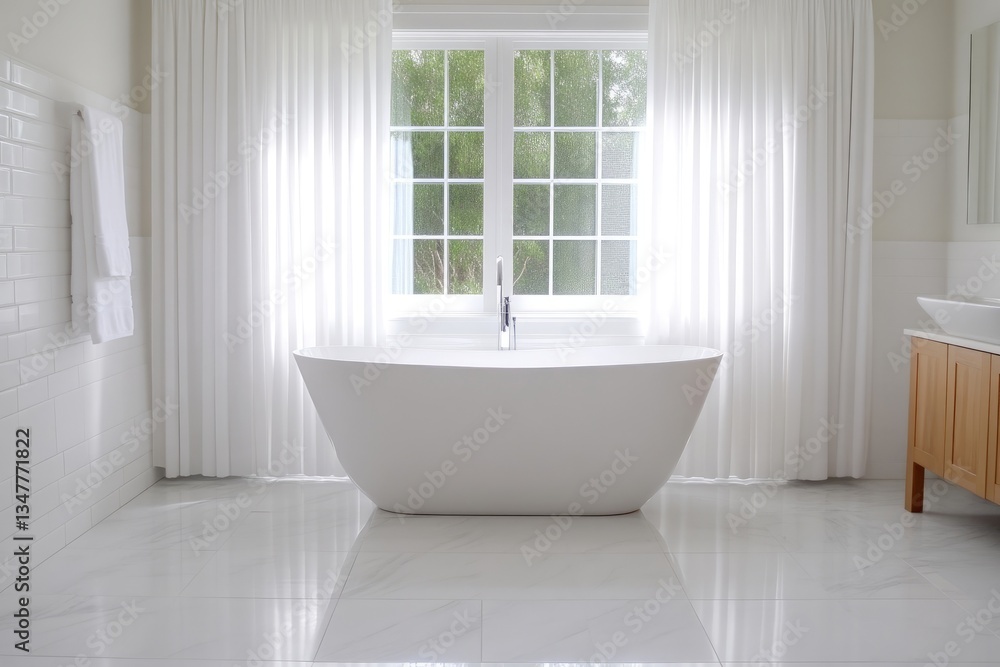 Modern, bright bathroom with soaking tub and large window Modern, bright bathroom with soaking tub and large window