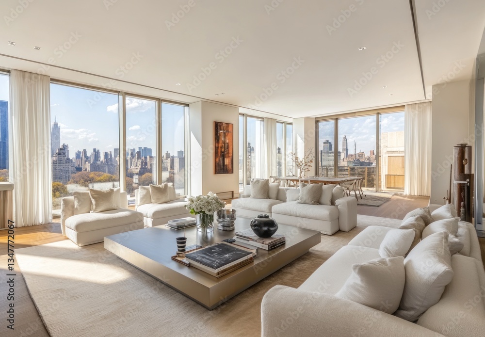 Fototapeta premium Luxurious living room with city view, large windows, white sofas, and modern coffee table.
