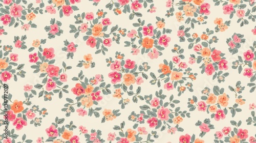 Delicate Floral Pattern – Pink, Orange, and Red Flowers on Cream