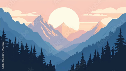 Mountain landscape with beautiful sunset view. Nature landscape. Vector illustration.