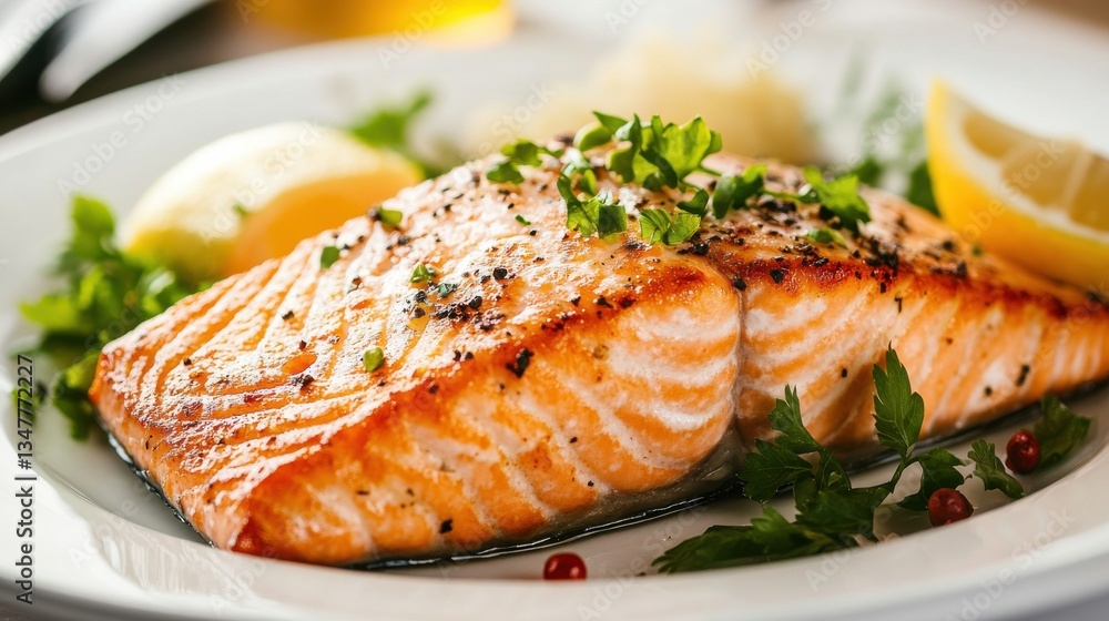A beautifully plated salmon fillet, perfectly seared with a crispy skin and vibrant pink flesh, garnished with fresh herbs and a lemon wedge, ready to be enjoyed. A beautifully plated salmon fillet, perfectly seared with a crispy skin and vibrant pink flesh, garnished with fresh herbs and a lemon wedge, ready to be enjoyed.