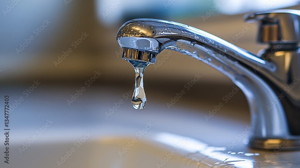 Shiny faucet with a single water drop hanging, against a blurred background. Use for water conservation, plumbing, leaks, or cleanliness themed projects. Shiny faucet with a single water drop hanging, against a blurred background. Use for water conservation, plumbing, leaks, or cleanliness themed projects.