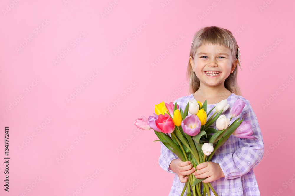 Smiling little girl with bouquet of tulips on pink background. Space for text Smiling little girl with bouquet of tulips on pink background. Space for text