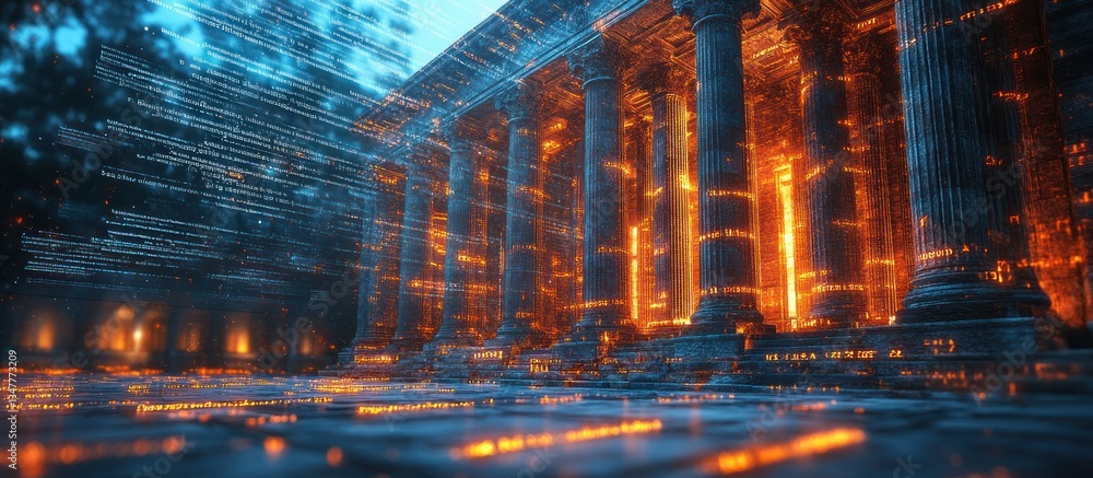 Glowing ancient temple with columns at night. Glowing ancient temple with columns at night.