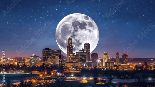 Night city skyline giant moon illuminated cityscape