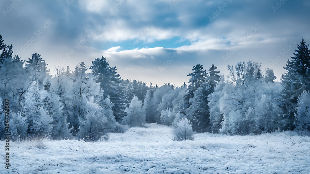 Frozen forest landscape, frosted trees, winter wonderland.
Frozen forest landscape, frosted trees, winter wonderland.