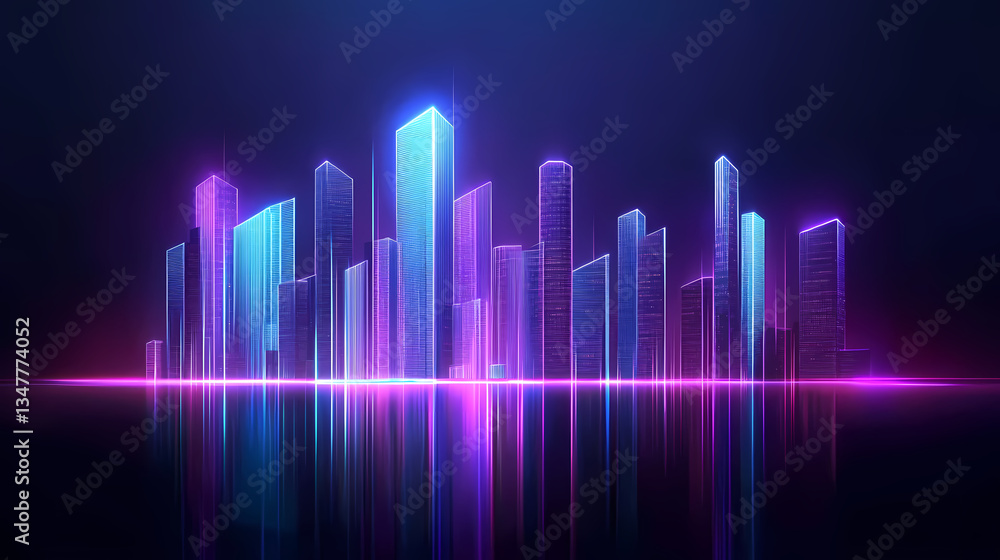 Neon-Lit City Skyline at Night with Water Reflection Neon-Lit City Skyline at Night with Water Reflection