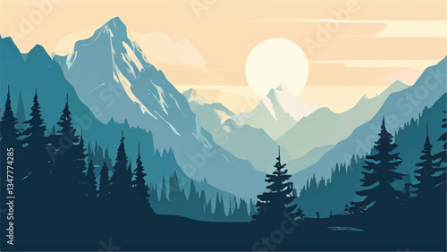 Mountain landscape with beautiful sunset view. Nature landscape. Vector illustration.