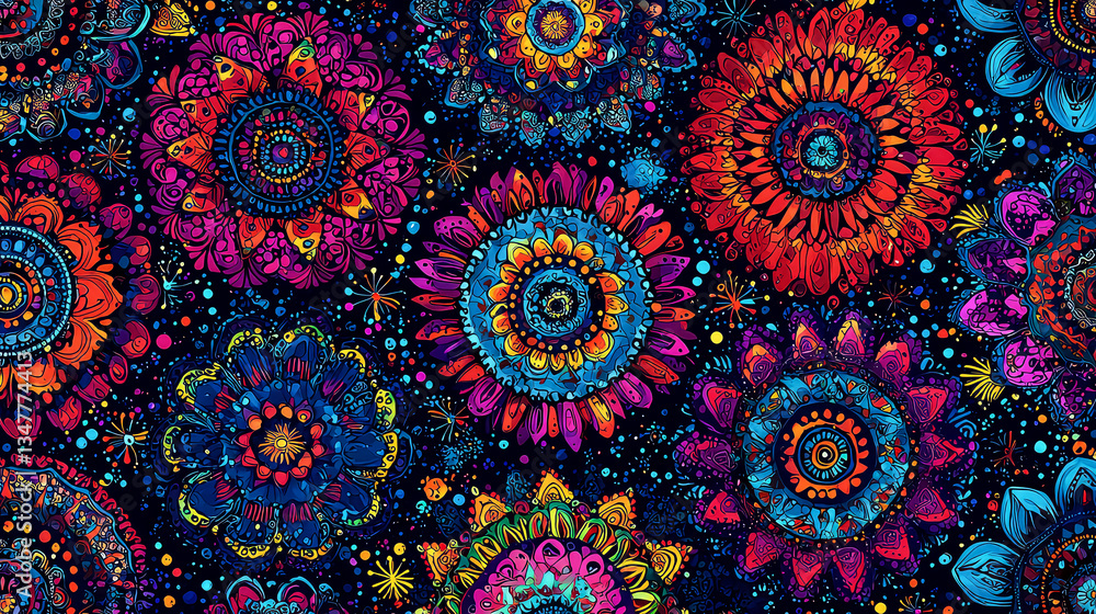 Vibrant Mandala Floral Pattern: Psychedelic Seamless Design for Textile and Wallpaper Vibrant Mandala Floral Pattern: Psychedelic Seamless Design for Textile and Wallpaper