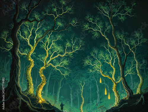Enchanted Forest with Glowing Magical Trees
