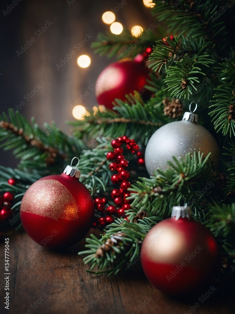 Festive Christmas scene with fir branches and ornaments. Festive Christmas scene with fir branches and ornaments.