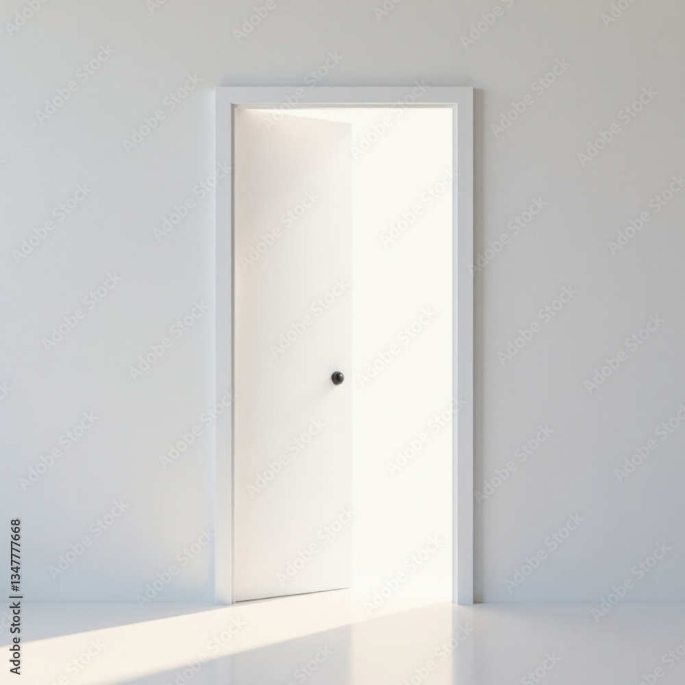 A blank white door opens to a light-filled corridor, invitation, possibility A blank white door opens to a light-filled corridor, invitation, possibility