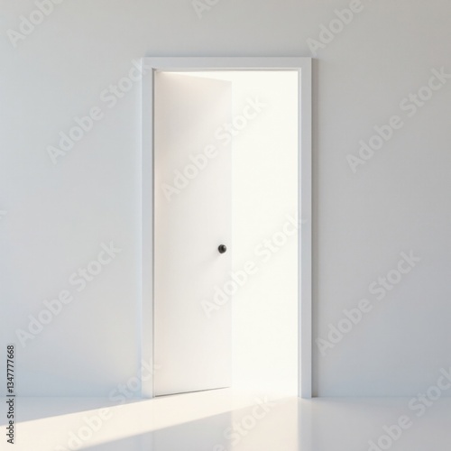 A blank white door opens to a light-filled corridor, invitation, possibility