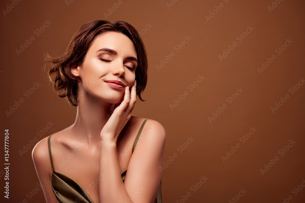 Fototapeta premium Photo of lovely young lady touch soft cheek face wear trendy khaki garment isolated on brown color background