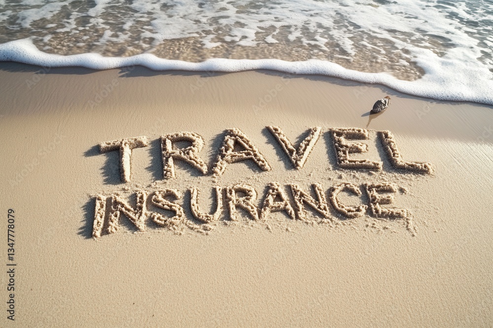 Fototapeta premium Travel insurance written on sandy beach by ocean waves