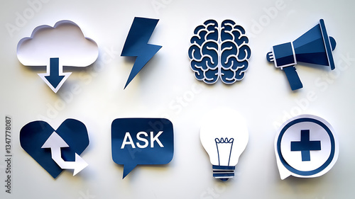 Modern abstract icons Blue paper cutouts on white background Ideas communication and innovation