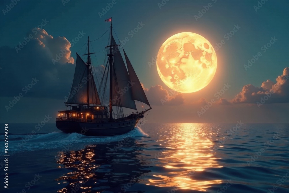 Fototapeta premium A ship navigating through calm waters with a bright full moon in the sky, vessel, night