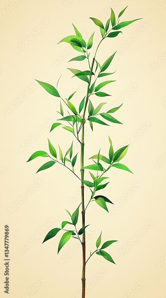 Obraz premium Elegant Bamboo Plant Illustration, Green Leaves, Simple Stem