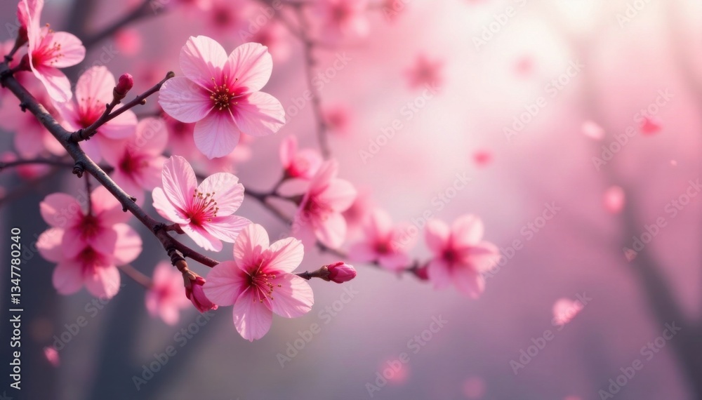 abstract pink sakura blossoms floating down in a soft focus landscape , nature, landscape, abstract