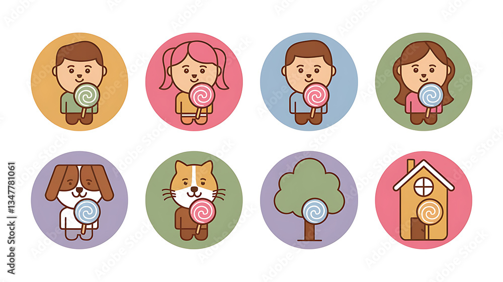 Obraz premium Cute cartoon characters and objects holding lollipops