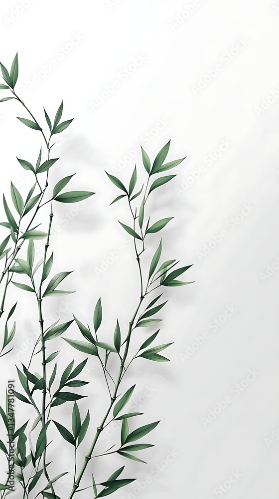 Fototapeta premium Elegant Green Bamboo Branch Minimalist White Background