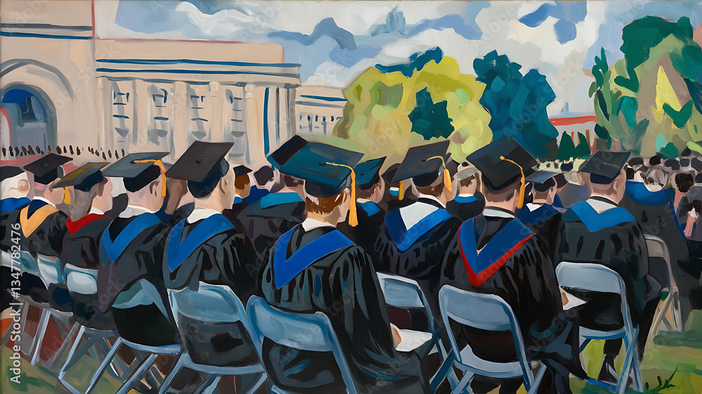 Obraz premium Graduation ceremony outdoor setting academic regalia colorful abstract style