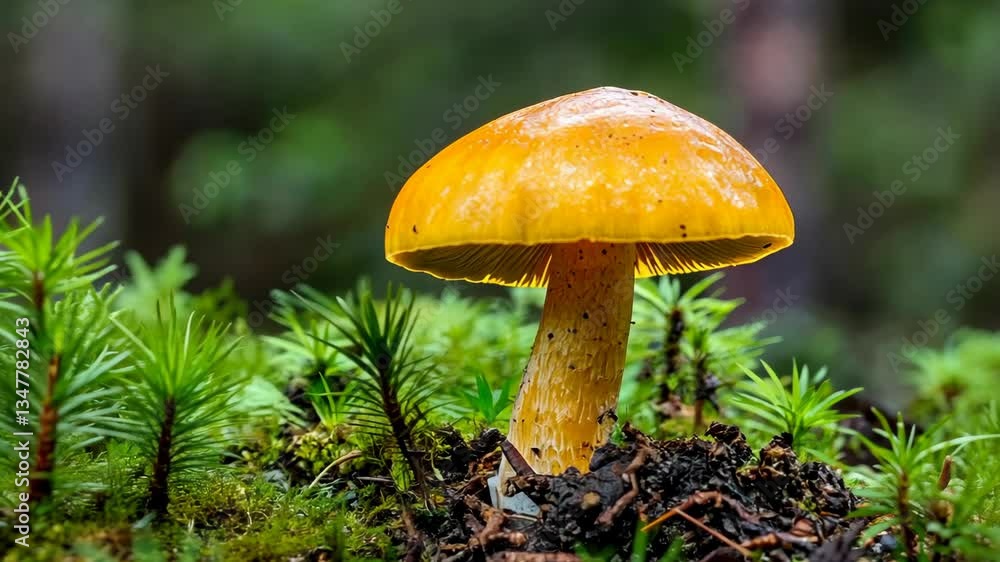 Bright yellow mushroom growing in dense forest undergrowth on a sunny day in early autumn Bright yellow mushroom growing in dense forest undergrowth on a sunny day in early autumn