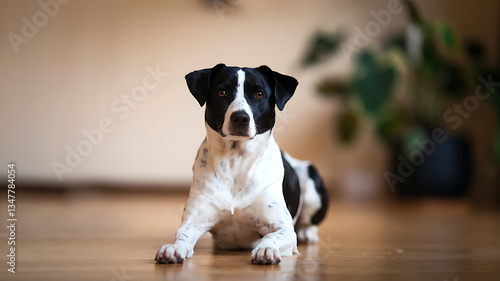 Black and white dog resting on a wooden floor Cute pet portrait studio shot