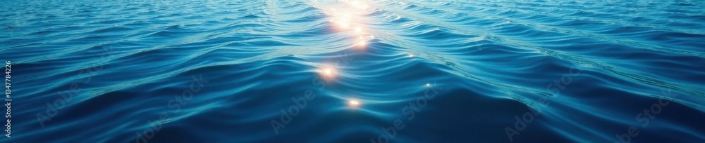 Calm dark blue ocean surface reflecting sunlight as small waves gently lap against the seafloor, dark blue, reflection, marine environment Calm dark blue ocean surface reflecting sunlight as small waves gently lap against the seafloor, dark blue, reflection, marine environment